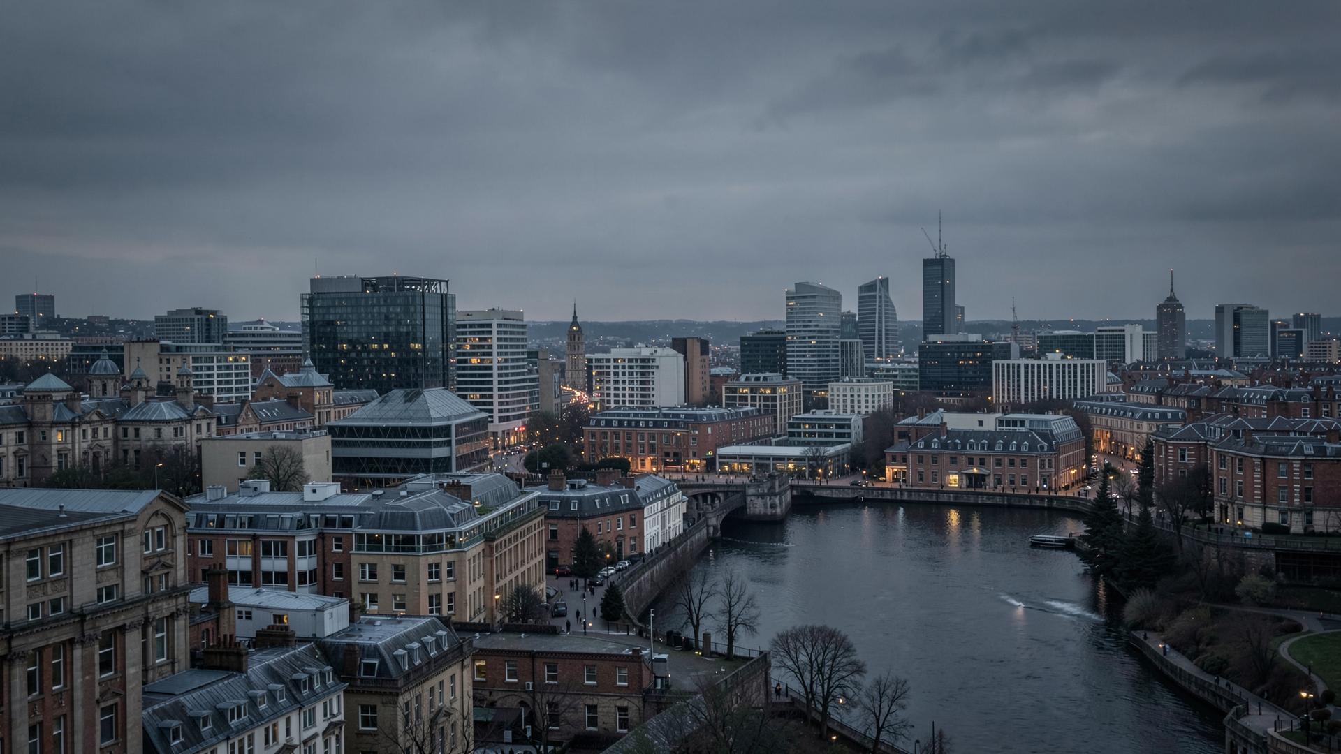 British city skyline at dusk