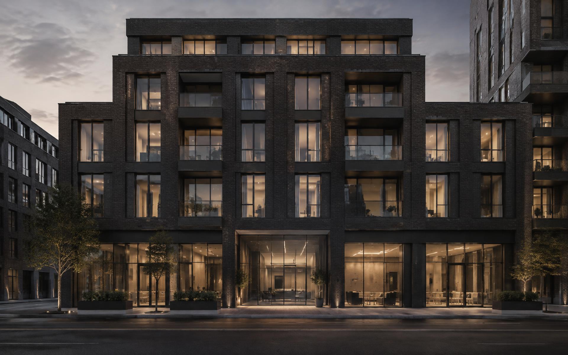 Contemporary mixed-use building facade at dusk