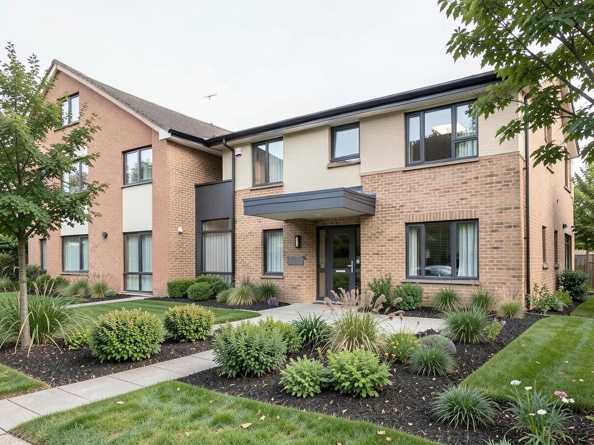 Care home exterior within landscaped grounds