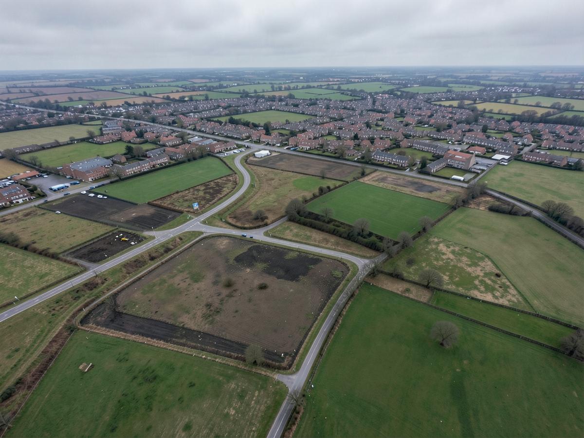 Aerial view of development land on the edge of a town